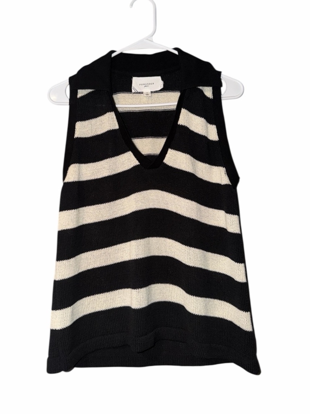 Pomander Place Ada Polo Knit Striped Tank Top In Black and Cream Size S - Picture 2 of 6